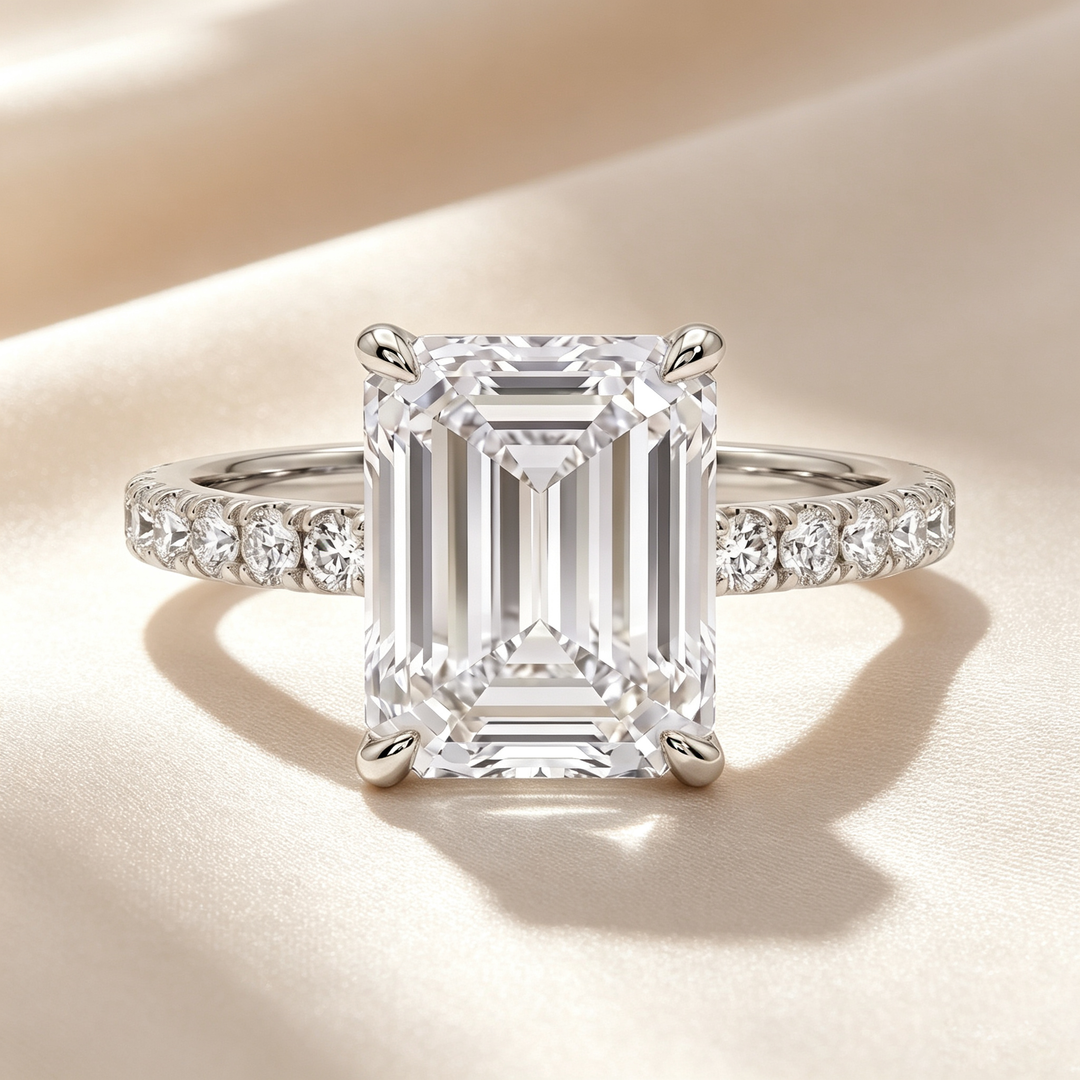 Emerald‑Cut Pavé Band Moissanite Ring