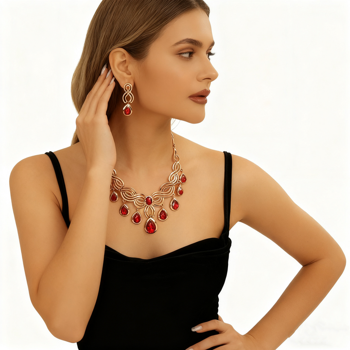 Teardrop Red Crystal Rose Gold Necklace &amp; Earrings Set