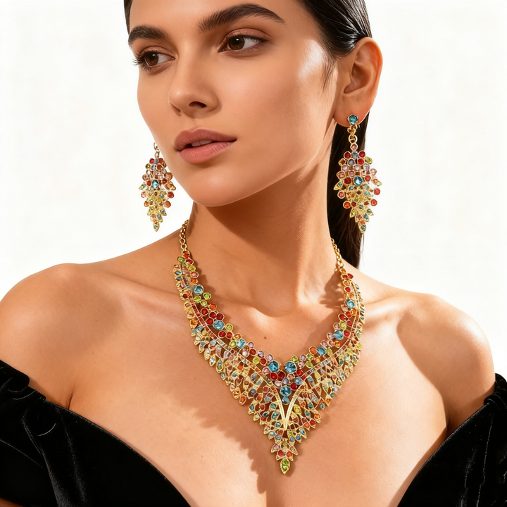 Colorful Crystal Leaf Necklace &amp; Earring Set