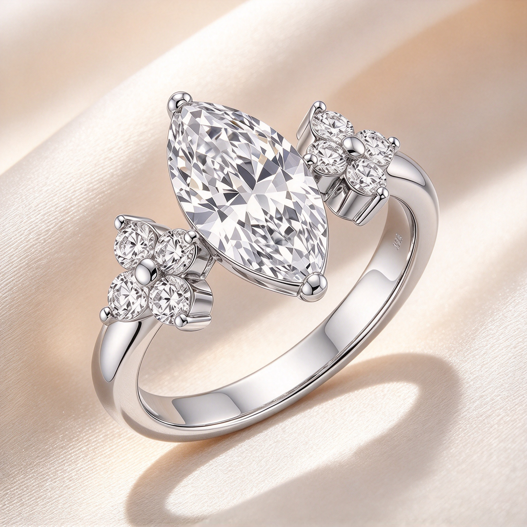 Marquise Cut Four-Prong Floral Accent Ring