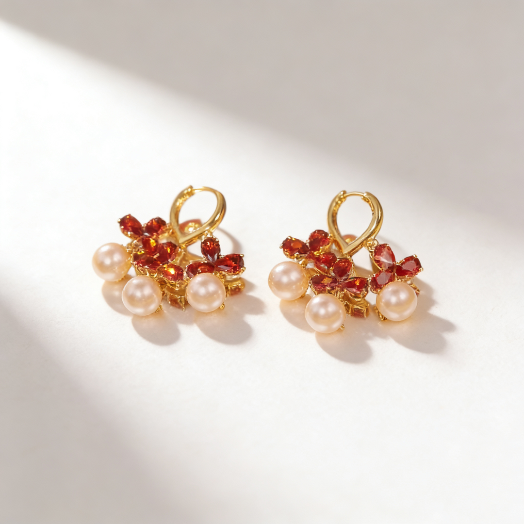 Ruby Flower Pearl Earrings