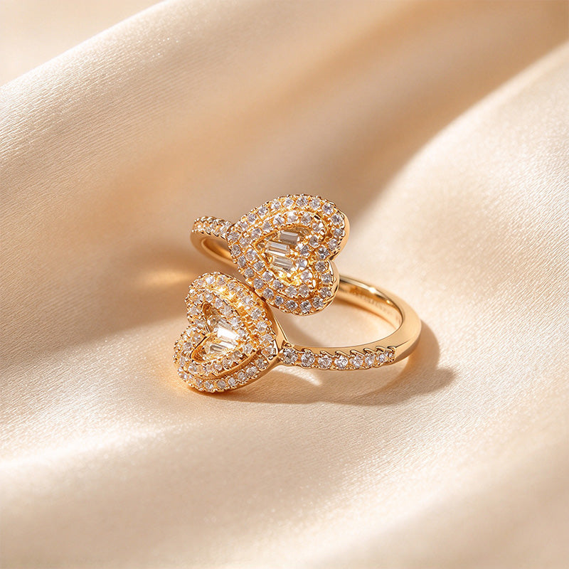 Double Heart Pavé Baguette Open Ring