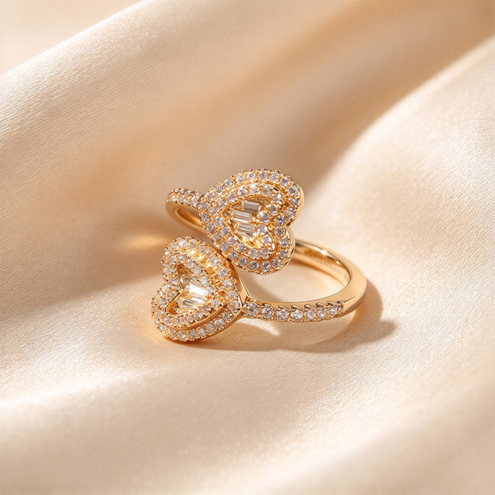 Double Heart Pavé Baguette Open Ring