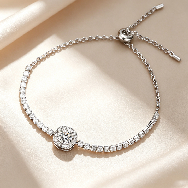 Cushion‑Halo Adjustable Tennis Moissanite Bracelet