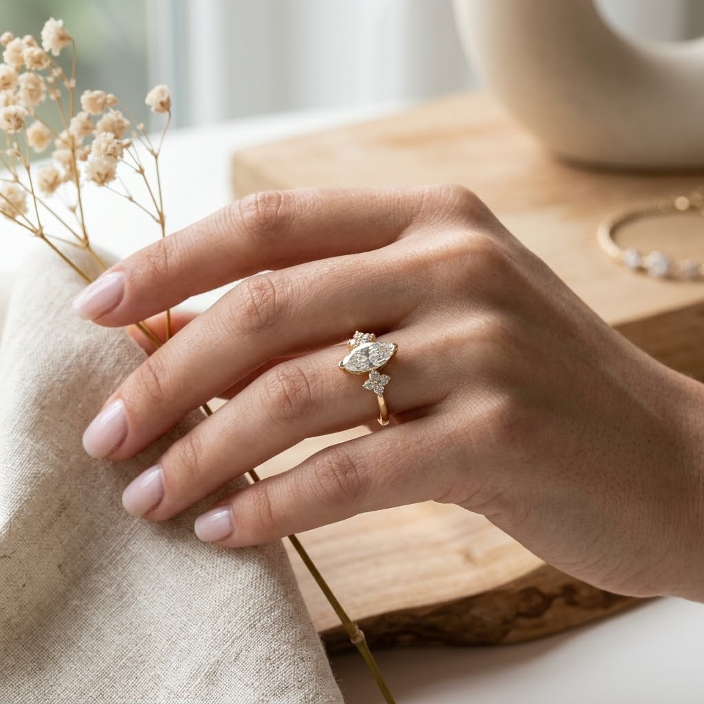 Marquise Cut Four-Prong Floral Accent Ring