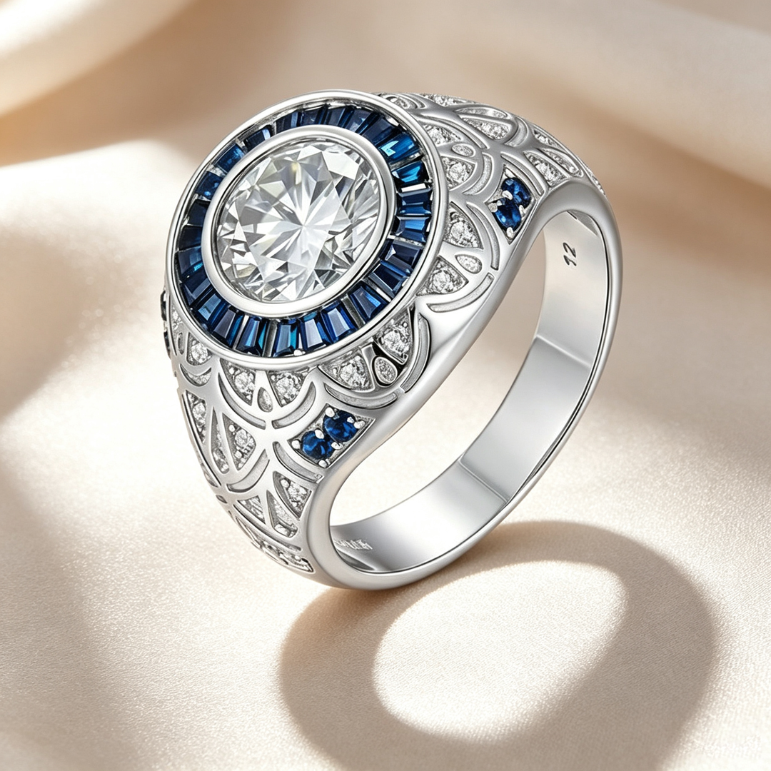 Vintage Round Blue Halo Moissanite Signet Ring