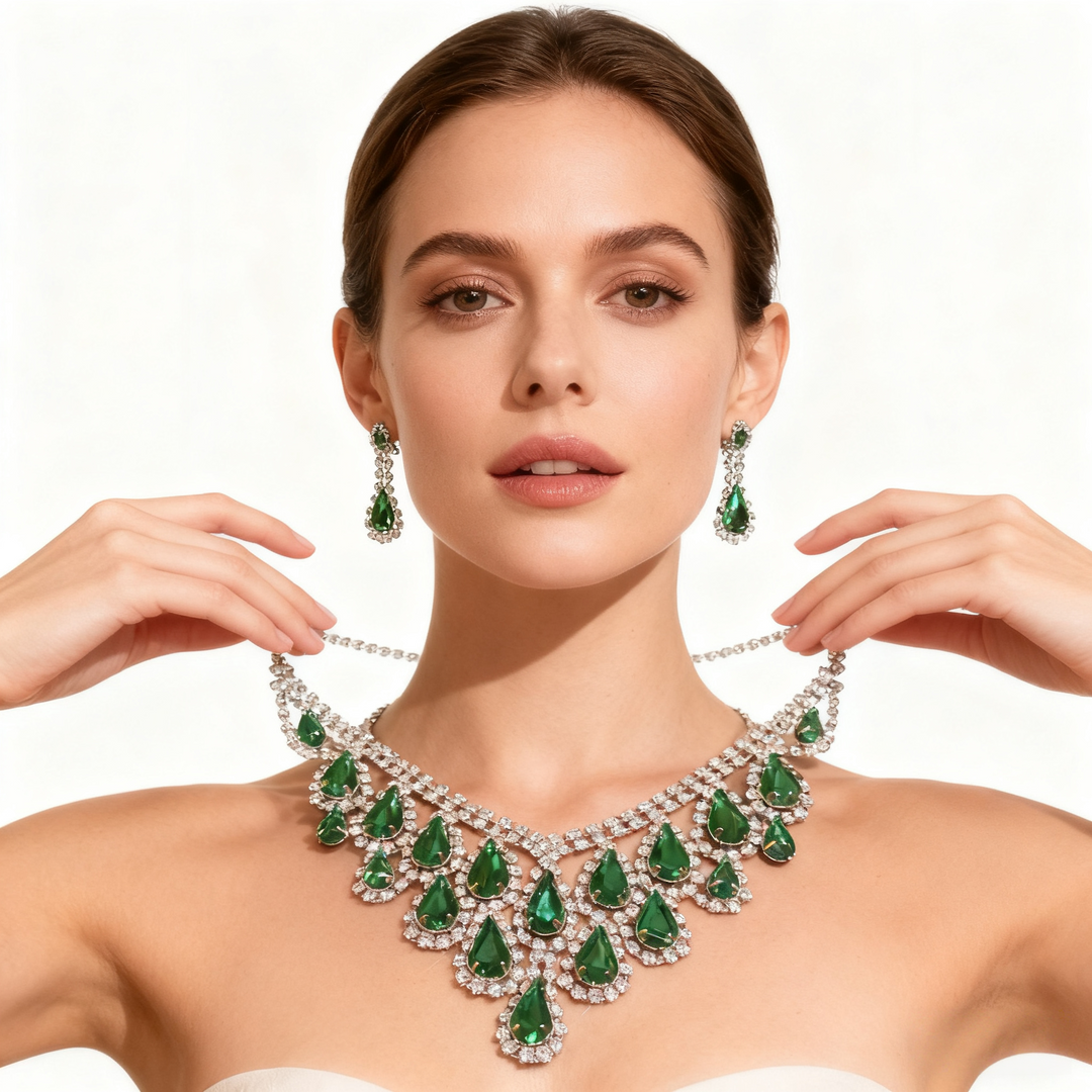 Green Crystal Tassel Necklace &amp; Earring Set