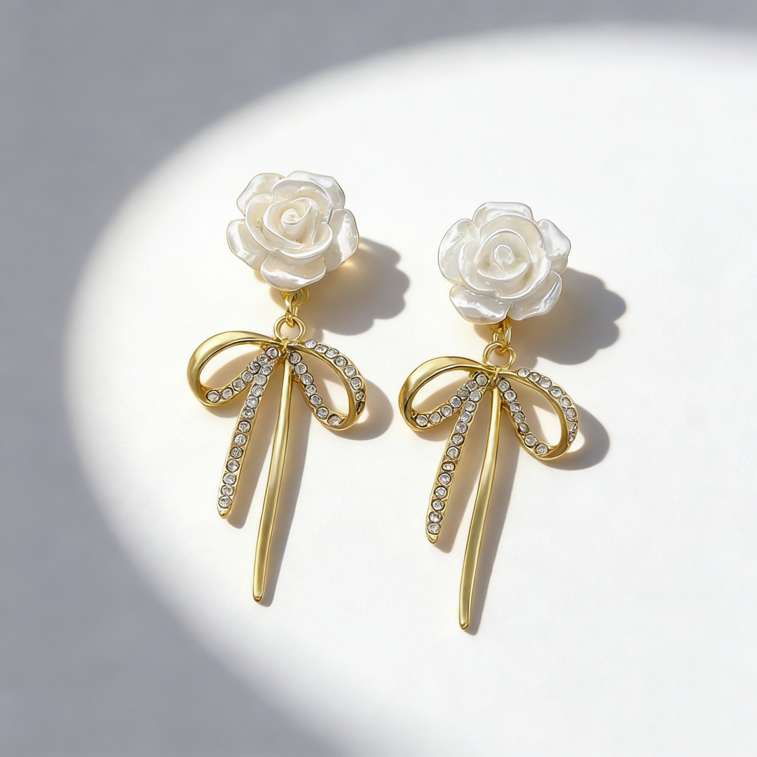 Elegant Bow &amp; White Flower Stud Earrings