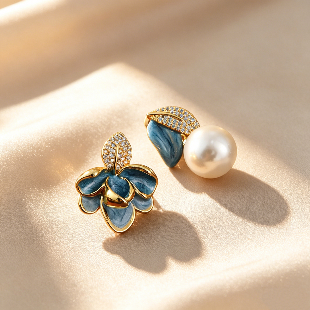 Elegant Asymmetrical Magnolia Enamel &amp; Pearl Drop Earrings