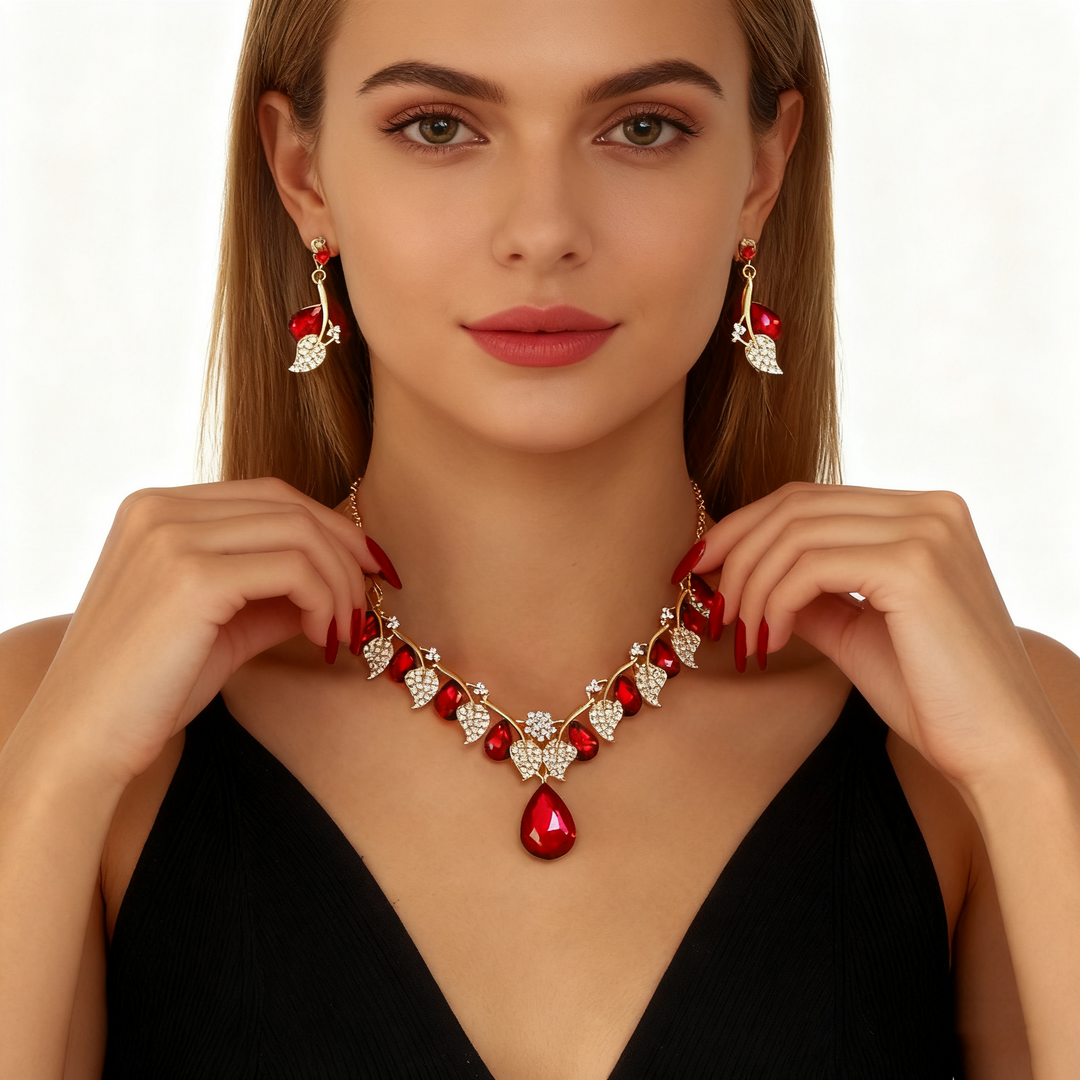 Red Crystal Diamond Necklace &amp; Earring Set
