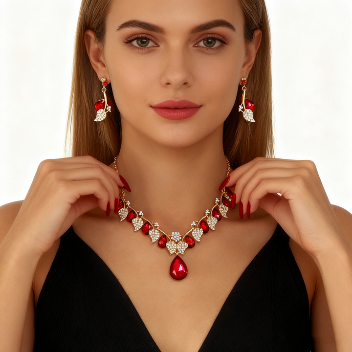 Red Crystal Diamond Necklace &amp; Earring Set