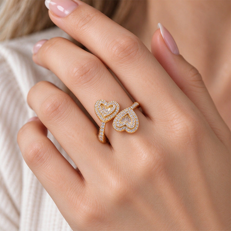 Double Heart Pavé Baguette Open Ring