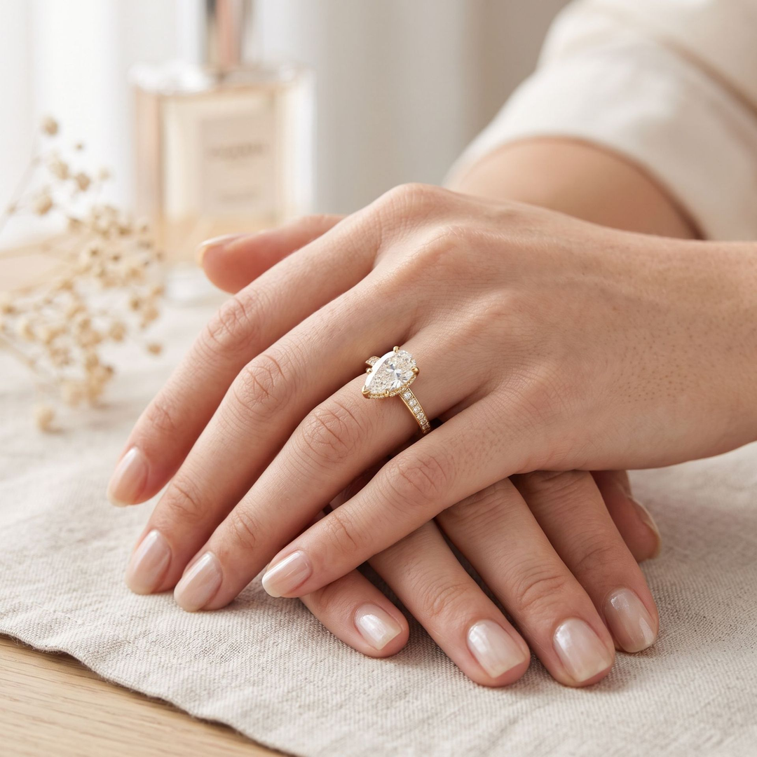Pear Shape Three-Prong Pavé Band Ring