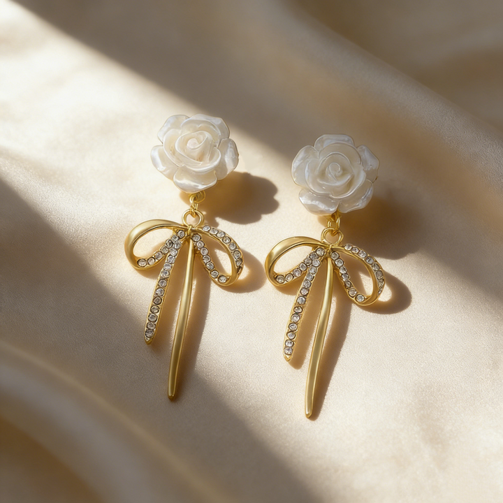 Elegant Bow &amp; White Flower Stud Earrings