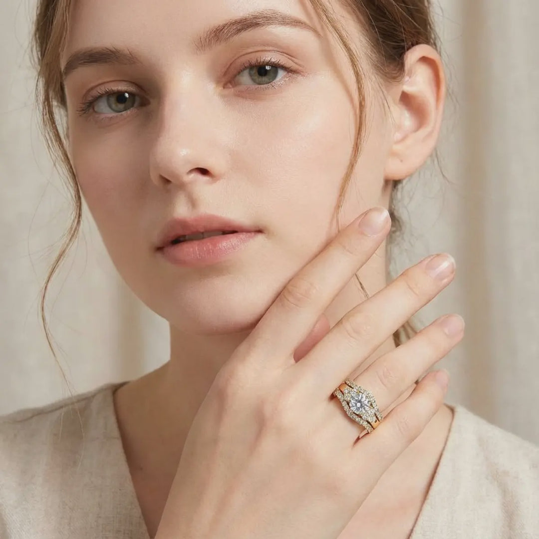 Round-cut gemstone promise ring three-piece set