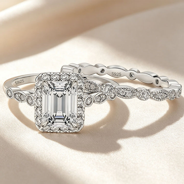 Emerald-cut solitaire and matching band set