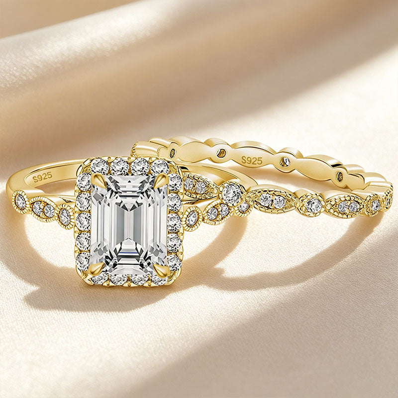 Emerald-cut solitaire and matching band set