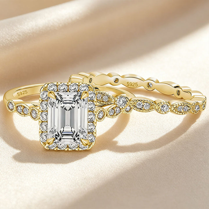 Emerald-cut solitaire and matching band set