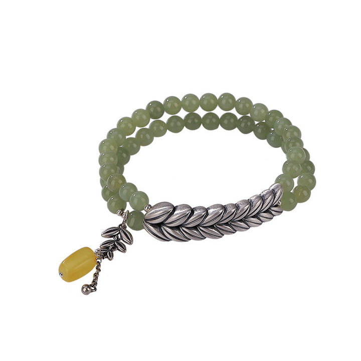 Double layer sterling silver Wheat ear beeswax pendant Emerald Jade Stone bracelet