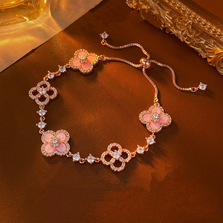 Four-leaf flower cluster • Pink shell bracelet &amp; necklace &amp; ring &amp; earrings