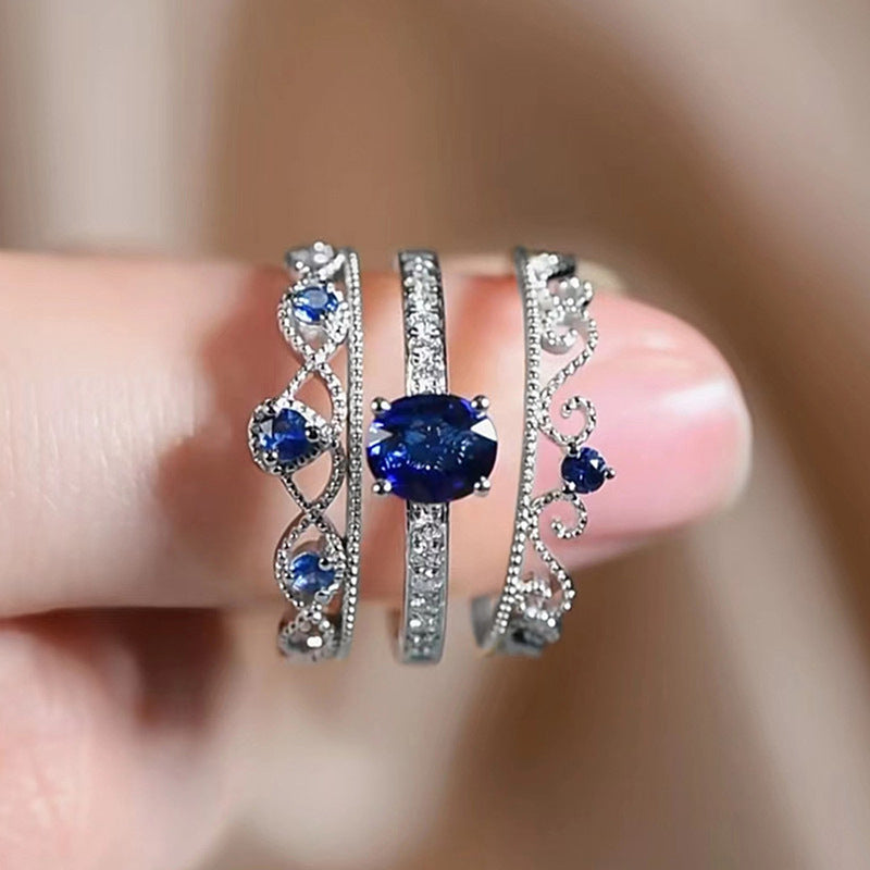 Elegant Blue Crystal Crown Ring Set