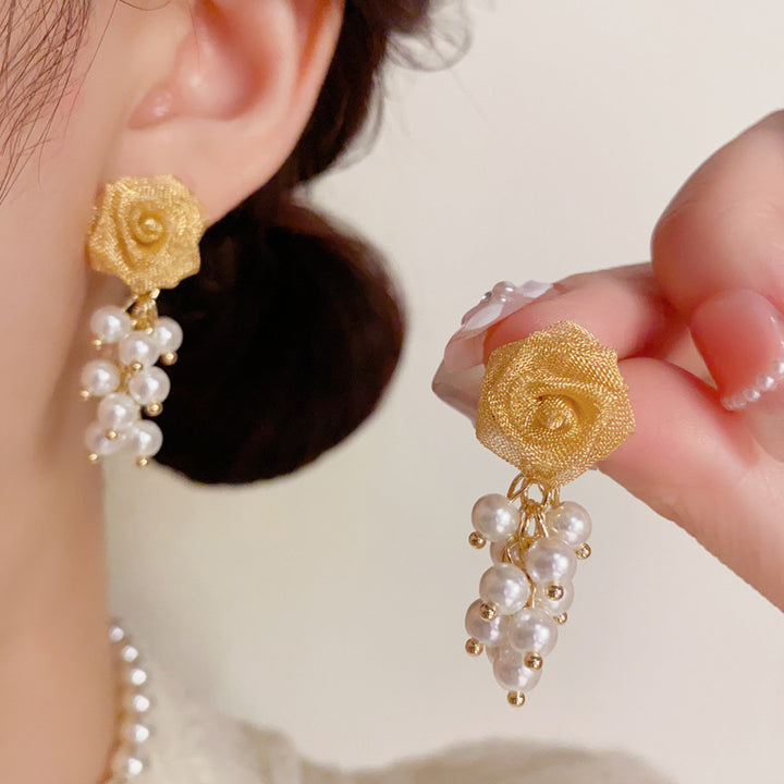 Elegant Rose &amp; Pearl Tassel Drop Earrings