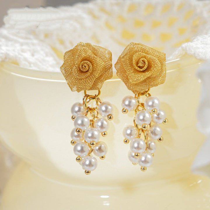 Elegant Rose &amp; Pearl Tassel Drop Earrings