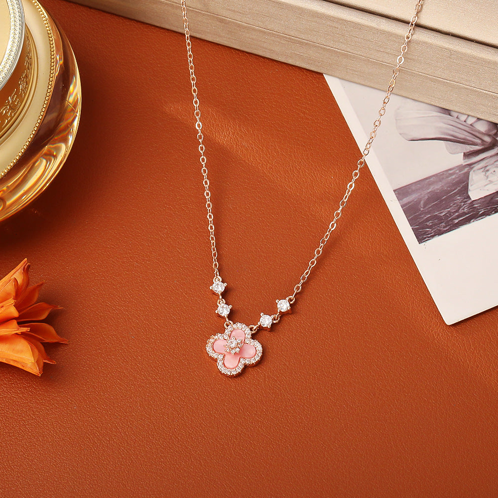 Four-leaf flower cluster • Pink shell bracelet &amp; necklace &amp; ring &amp; earrings