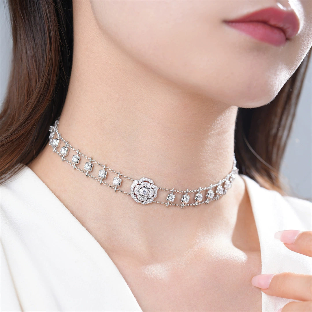 Camellia S925 Silver Diamond Necklace &amp; Bracelet &amp; Earrings