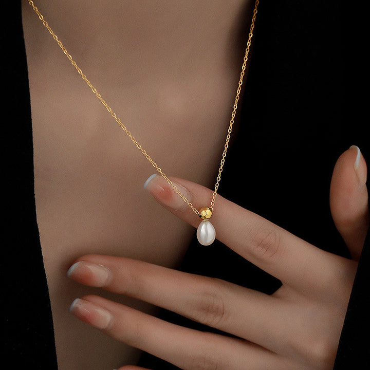 Gold Bead &amp; Natural Pearl Drop Necklace