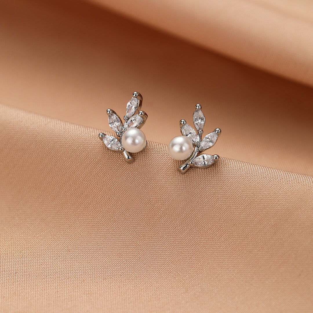 Elegant Leaf &amp; Pearl Stud Earrings