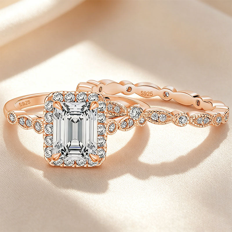 Emerald-cut solitaire and matching band set