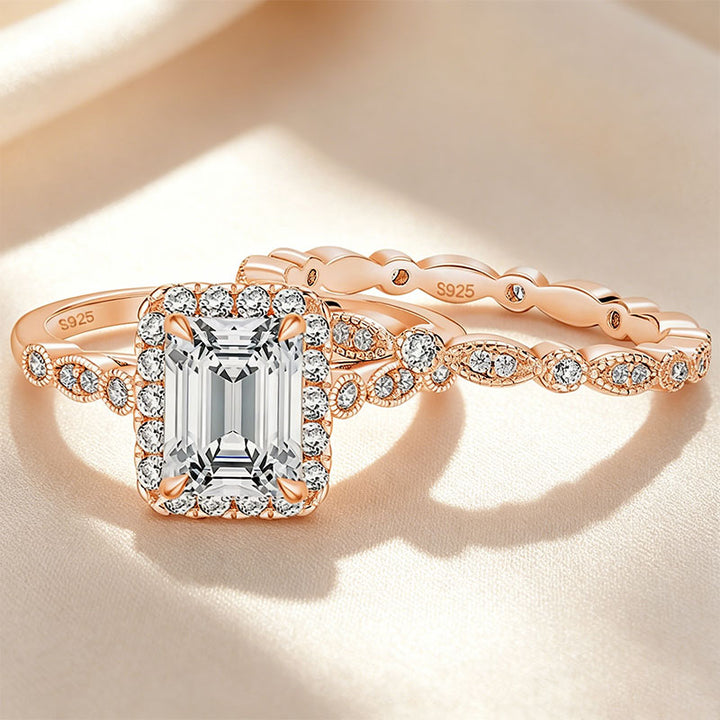 Emerald-cut solitaire and matching band set