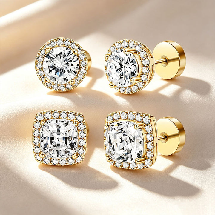 Round &amp; Cushion Cut Halo Moissanite Stud Earring Set