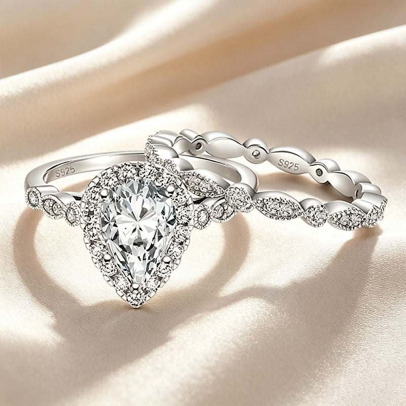 Pear-Shaped Solitaire Halo Stackable Ring Set