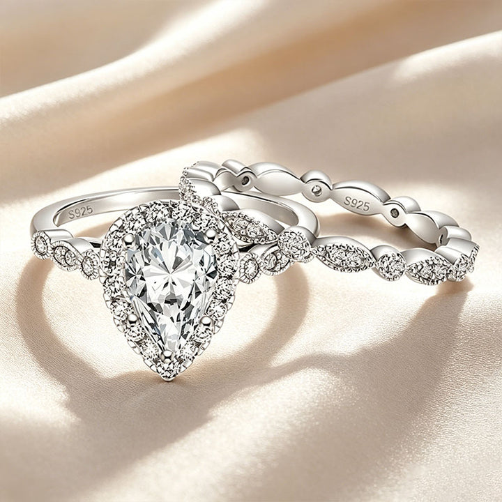 Pear-Shaped Solitaire Halo Stackable Ring Set