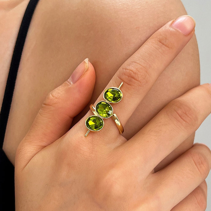 Oval Bezel Three-Stone Open Wrap Crystal Ring