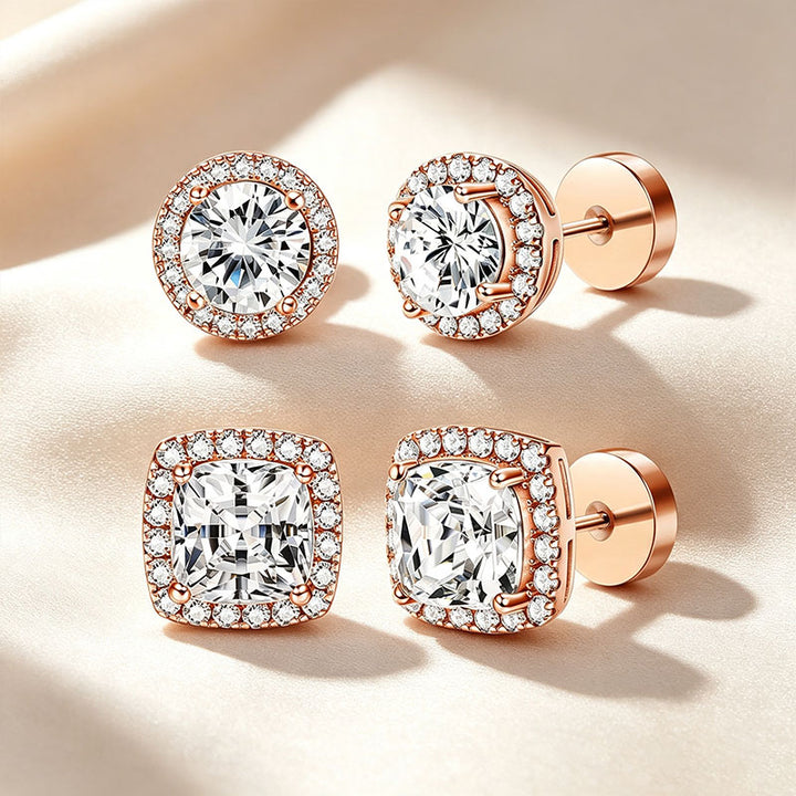 Round &amp; Cushion Cut Halo Moissanite Stud Earring Set