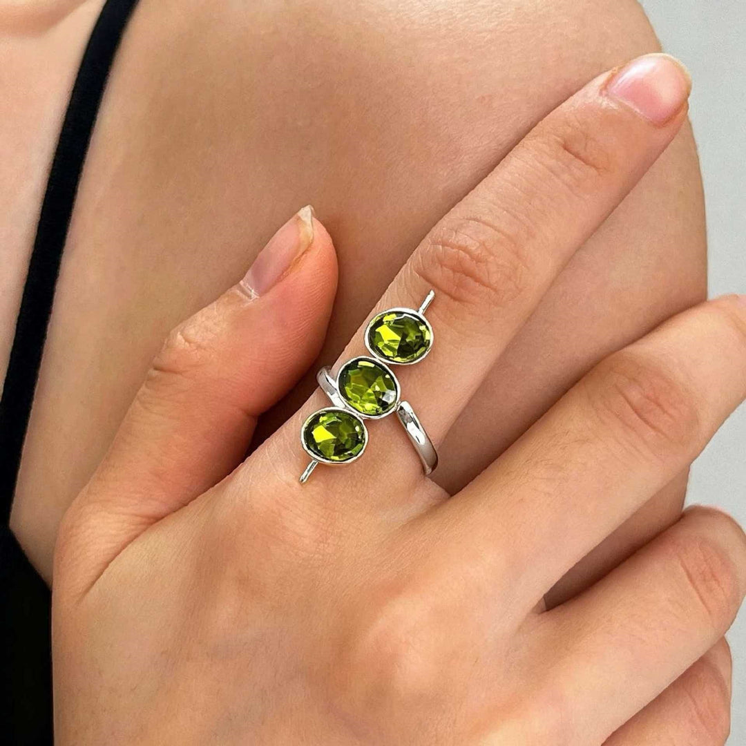Oval Bezel Three-Stone Open Wrap Crystal Ring