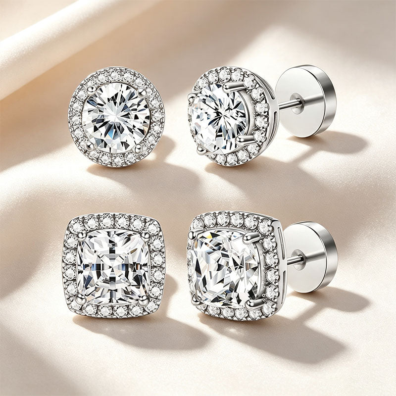 Round &amp; Cushion Cut Halo Moissanite Stud Earring Set