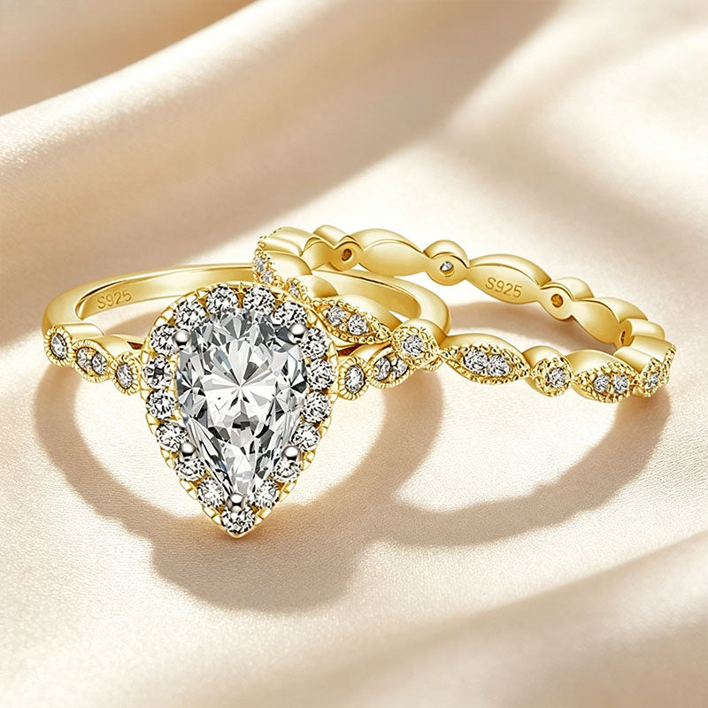Pear-Shaped Solitaire Halo Stackable Ring Set