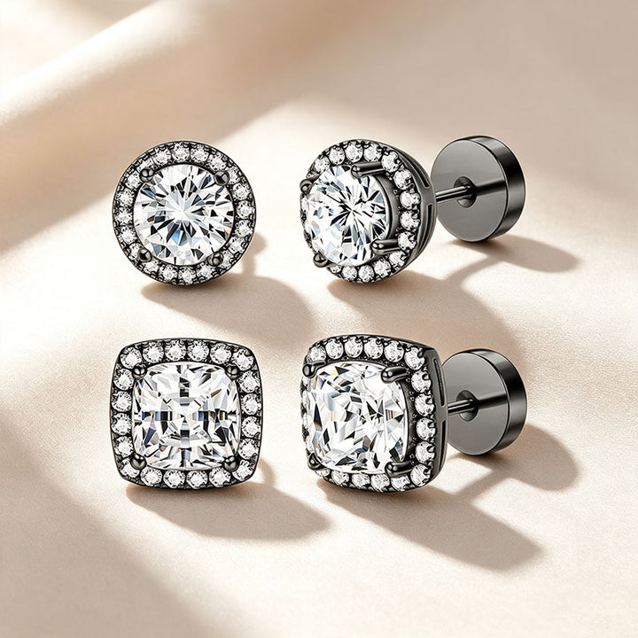 Round &amp; Cushion Cut Halo Moissanite Stud Earring Set