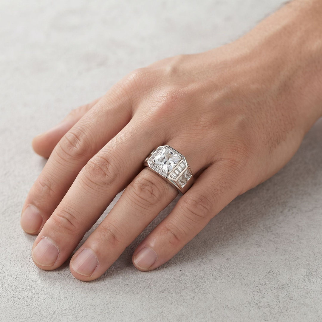 Princess Cut Four-Prong Halo Baguette Pavé Men&