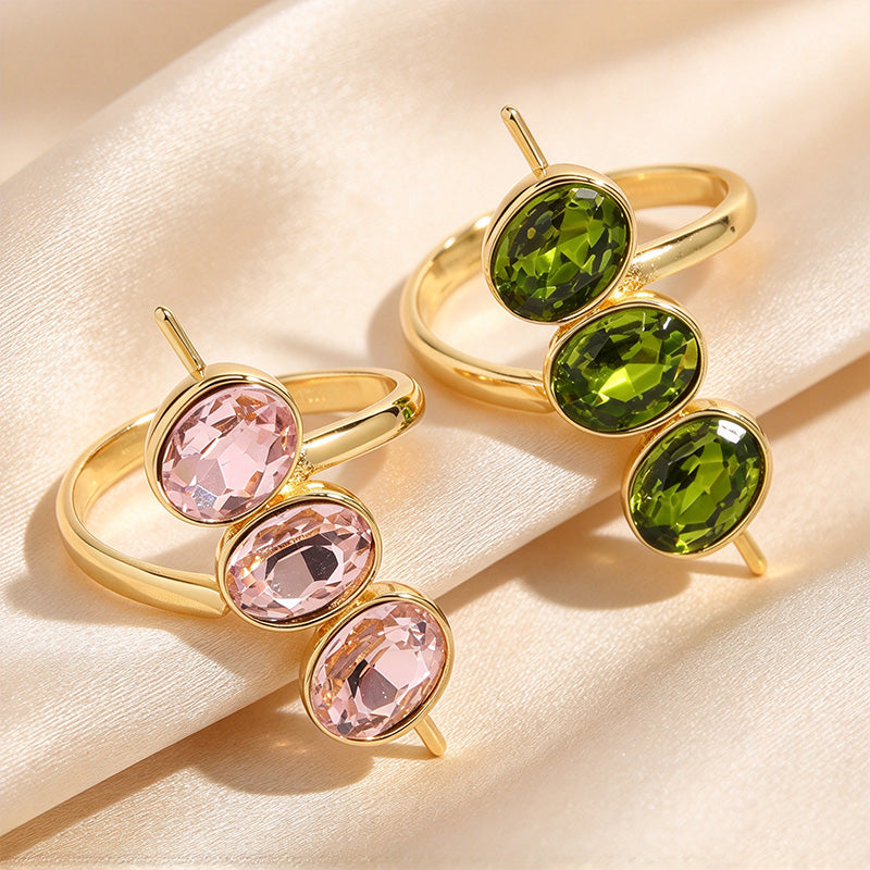 Oval Bezel Three-Stone Open Wrap Crystal Ring