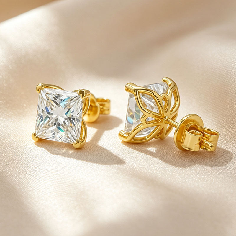 Princess Cut Butterfly‑Back Solitaire Moissanite Stud Earrings