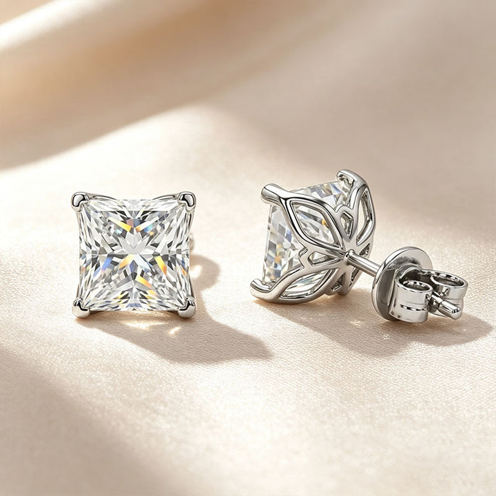 Princess Cut Butterfly‑Back Solitaire Moissanite Stud Earrings