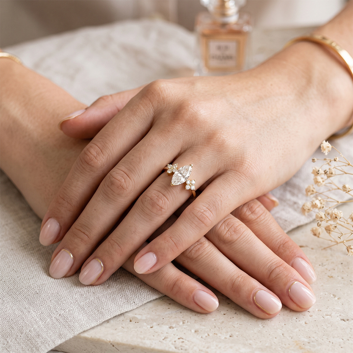 Marquise Cut Four-Prong Floral Accent Ring