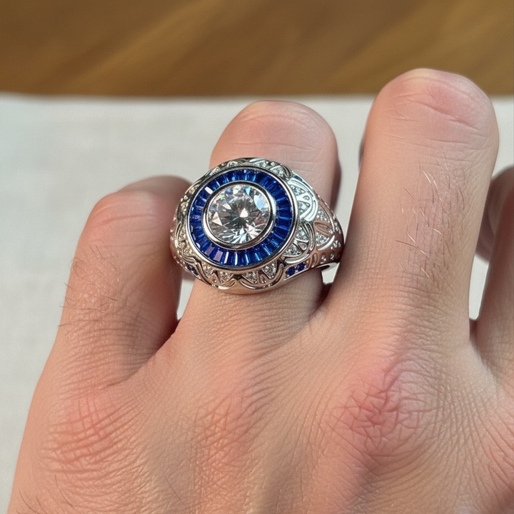 Vintage Round Blue Halo Moissanite Signet Ring