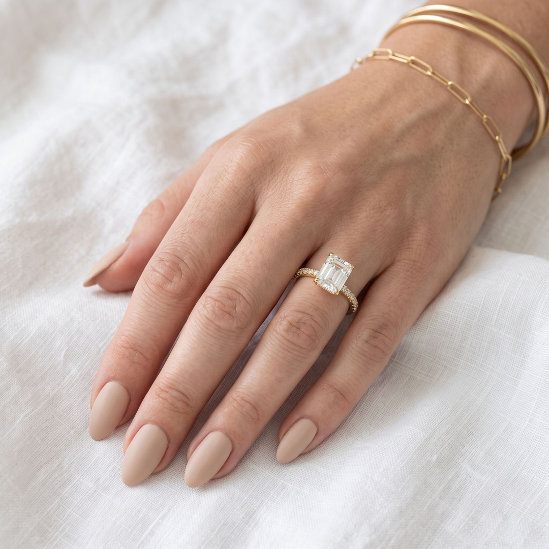 Emerald‑Cut Pavé Band Moissanite Ring