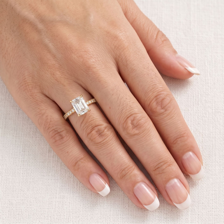 Emerald‑Cut Pavé Band Moissanite Ring